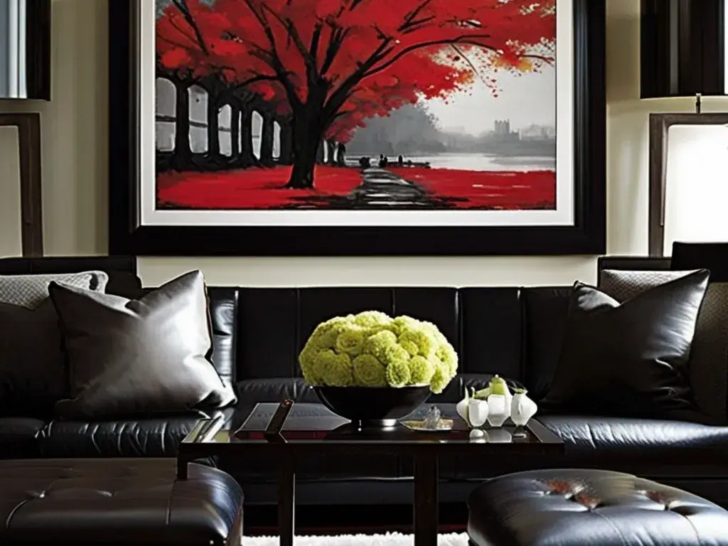 Artwork can add a pop of color and personality to a room with dark wood furniture