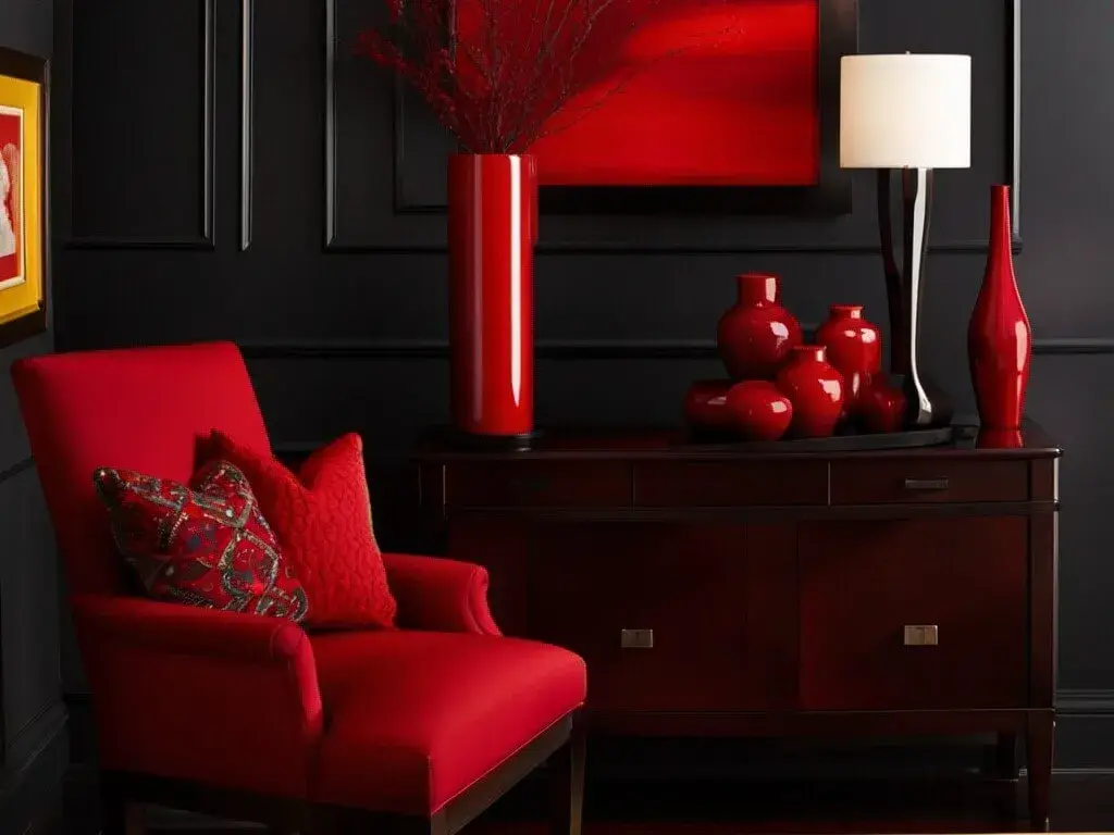 pairing dark wood furniture with bold colors 