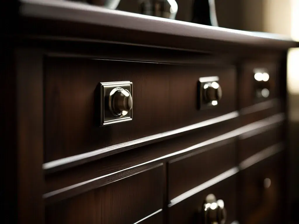 Changing the hardware is another simple way to modernize dark wood furniture