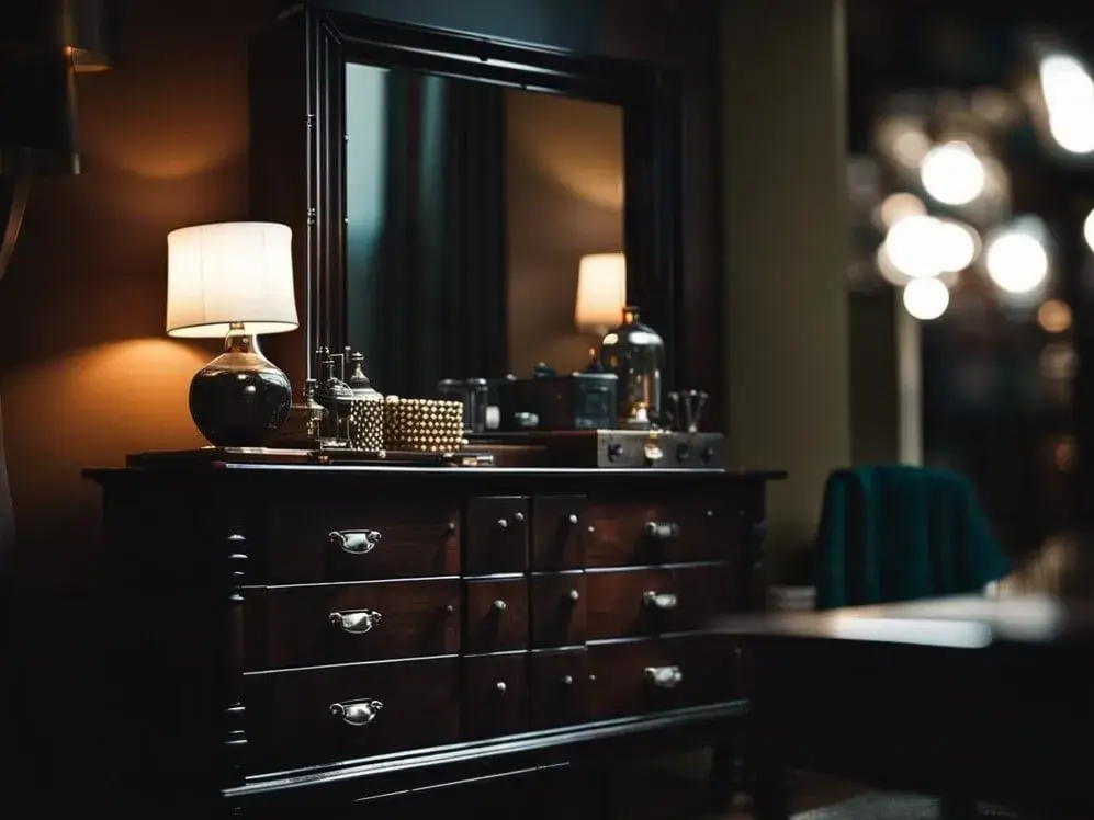 pair a traditional dark wood dresser with a modern mirror or lamp