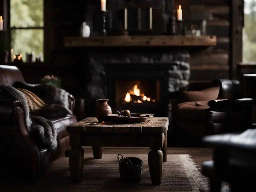 Dark wood furniture to a rustic room 