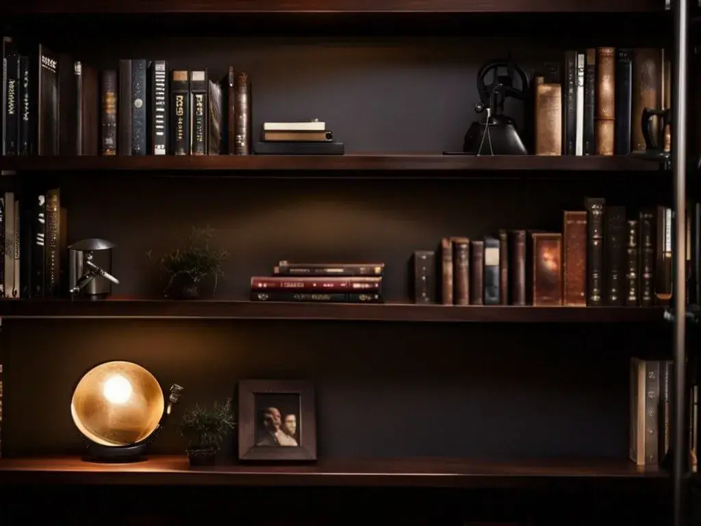 Dark wood shelves can match the furniture 