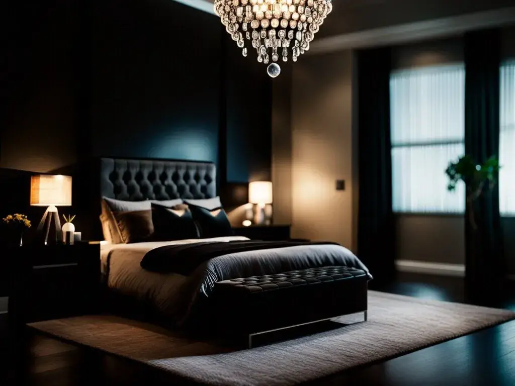 Statement lighting in a main bedroom with dark furniture