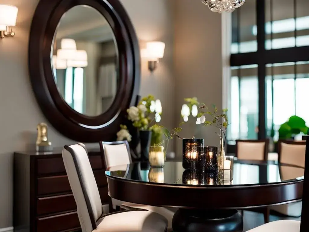 Reflective surfaces to lighten a room with dark wood furniture