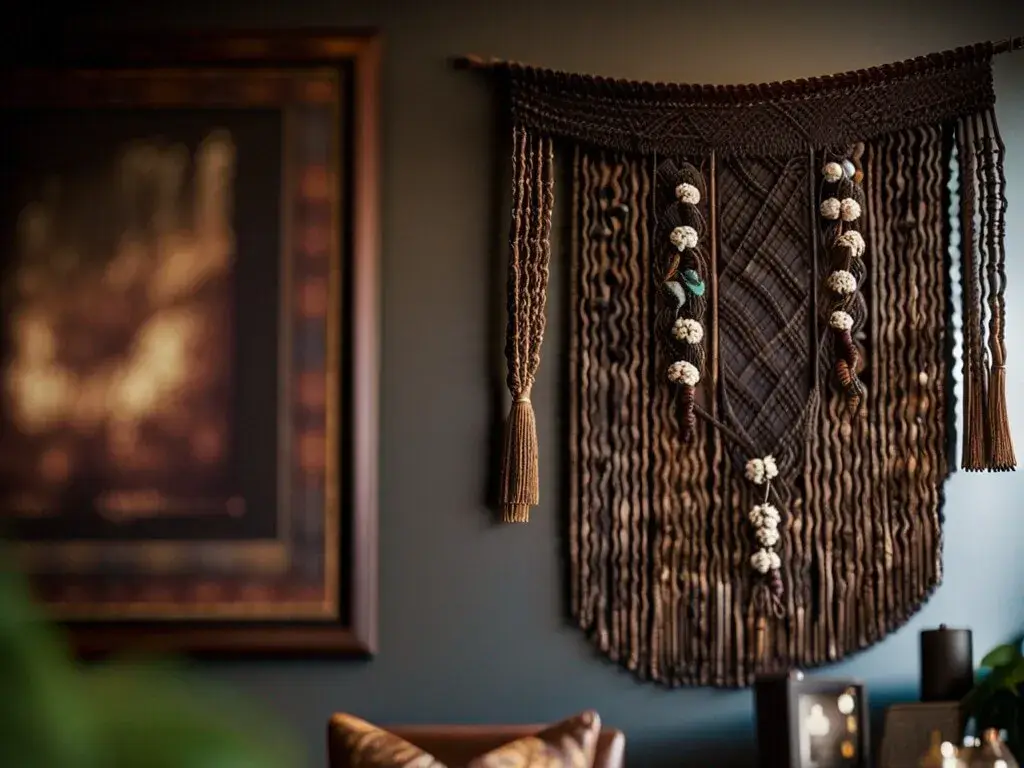 Wall hangings can add texture and warmth to a room with dark wood furniture