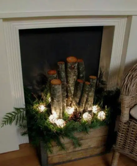 fireplace decoration with birch wood