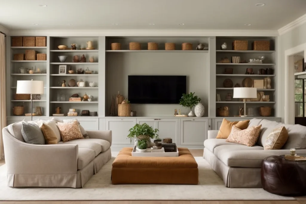 decorate large living room by Adding Architectural Built-In Cabinetry