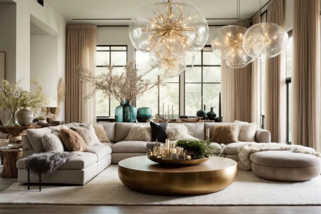 Add Sculptural Lighting and Organic Texture to decorate large living room