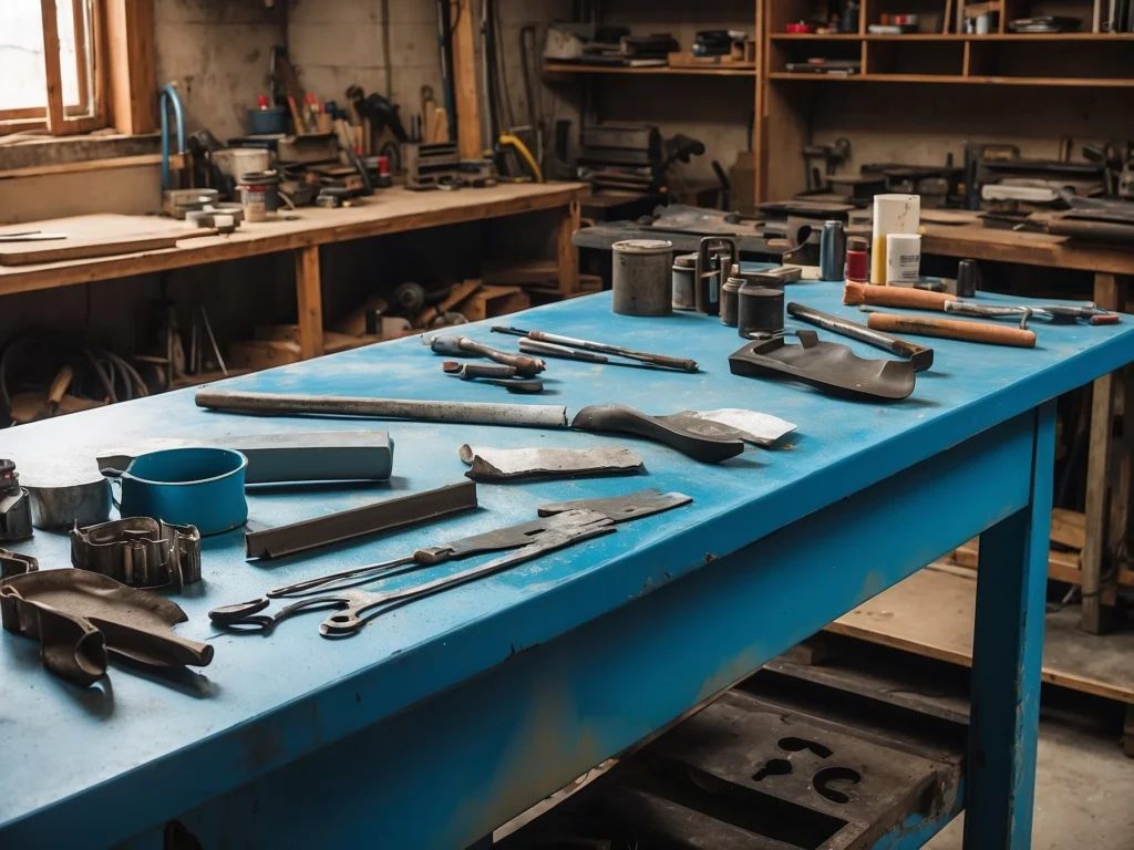 Can Polyurethane Stick to Metal (Photo of a metal workshop table with various metal items like tools, furniture, and painted metal pieces. Some sections of the table show the process of applying polyurethane, including surface preparation and final sealing.)