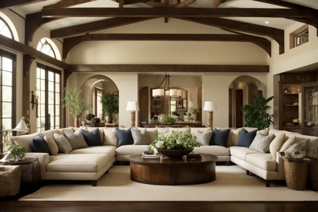 Use Anchors and Ceiling Details for Architectural Interest to decorate large living room