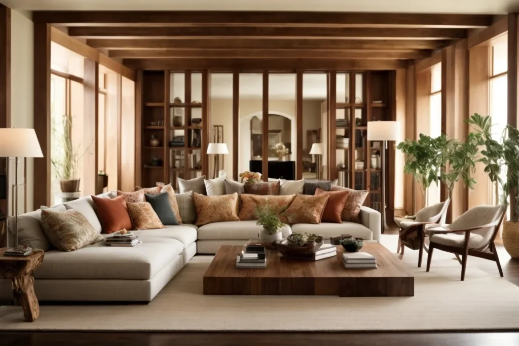 Use Ceiling Beams or Shelving as Room Dividers to decorate large living room