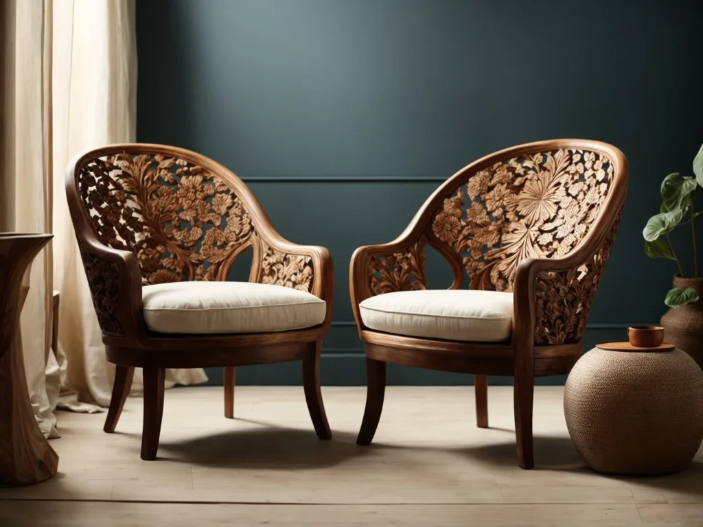 Merging the eclectic charm of Anthropologie with the intricate detail of carved wood accent chairs