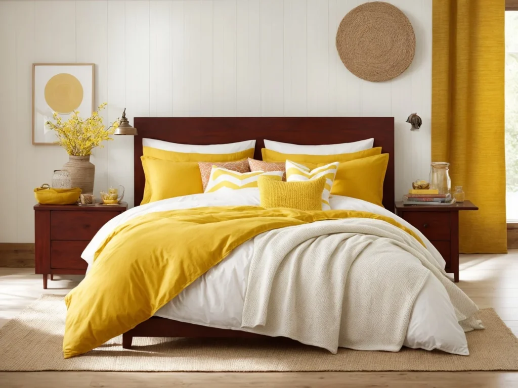 cheerful yellow and white Colors Go With Cherry Wood Bedroom Furniture