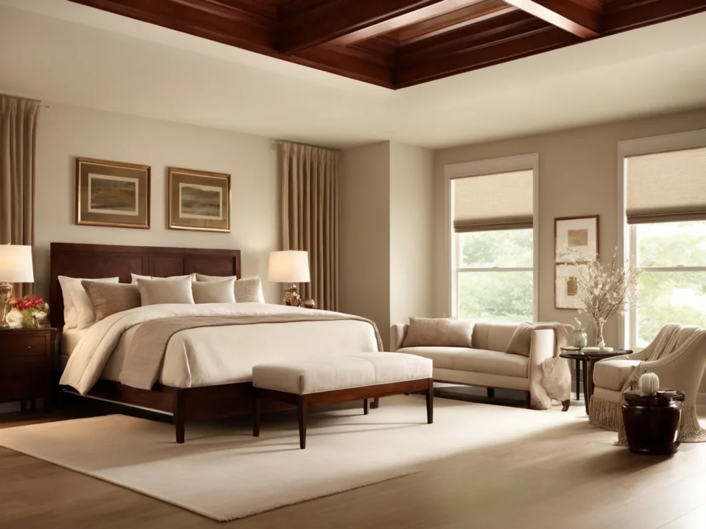 elegant taupe and cream Colors Go With Cherry Wood Bedroom Furniture