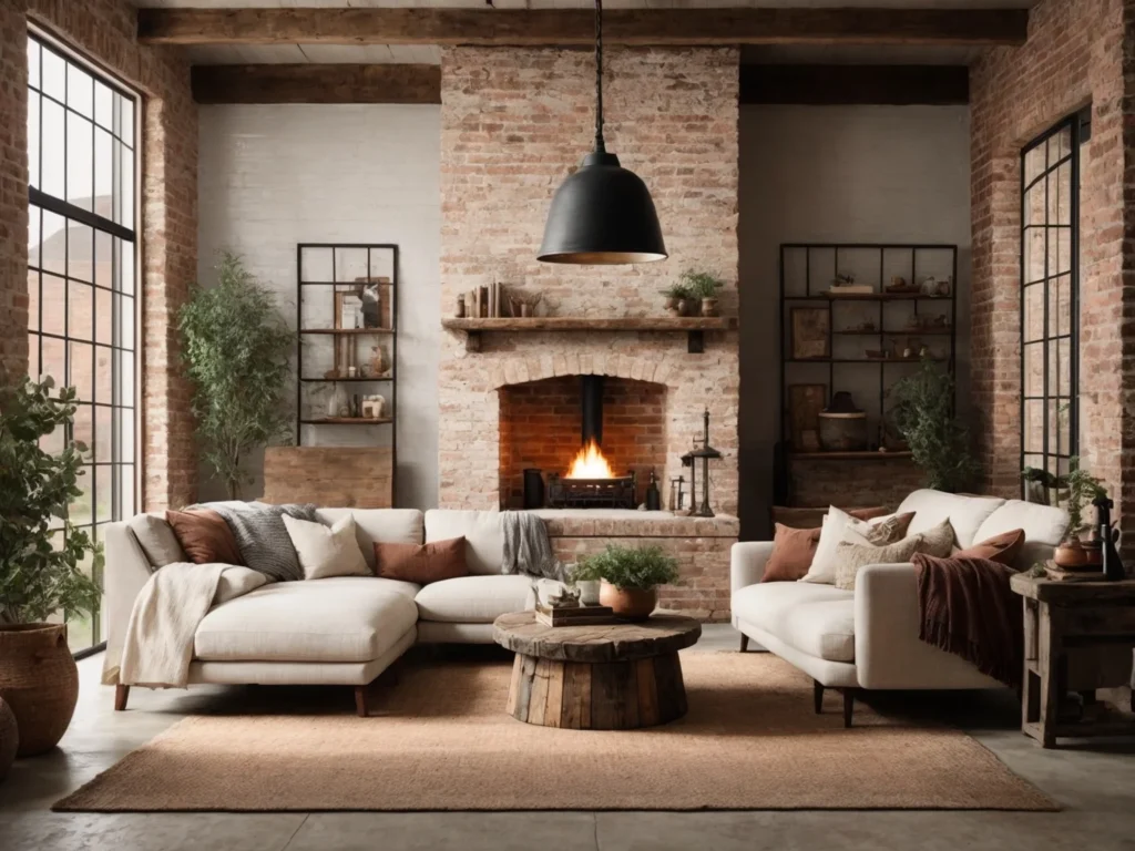 rustic farmhouse living room with Exposed Brick Accent Walls