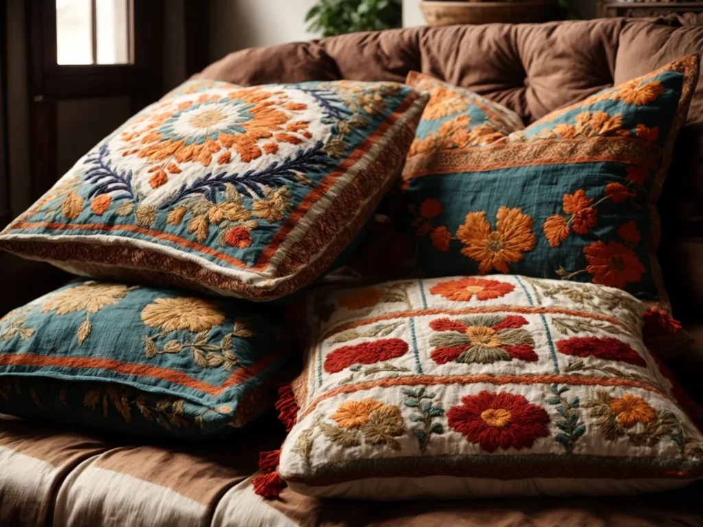 handcrafted pillows and throws into an Anthropologie-styled living room