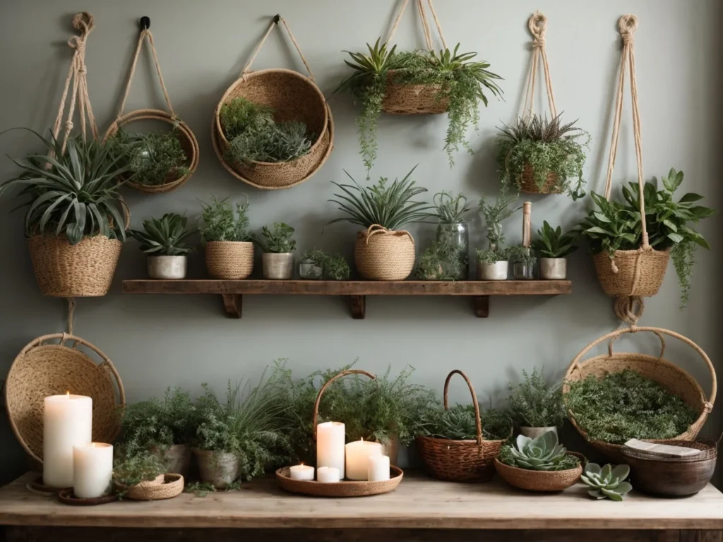 Hanging Plants and Woven Baskets in rustic farmhouse living room