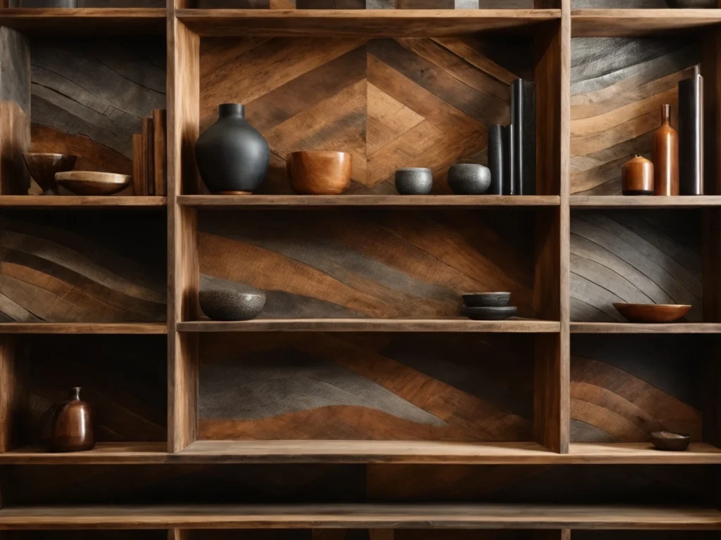 A set of handcrafted shelves made from sandblasted reclaimed wood, each piece showcasing its own unique grain and imperfections