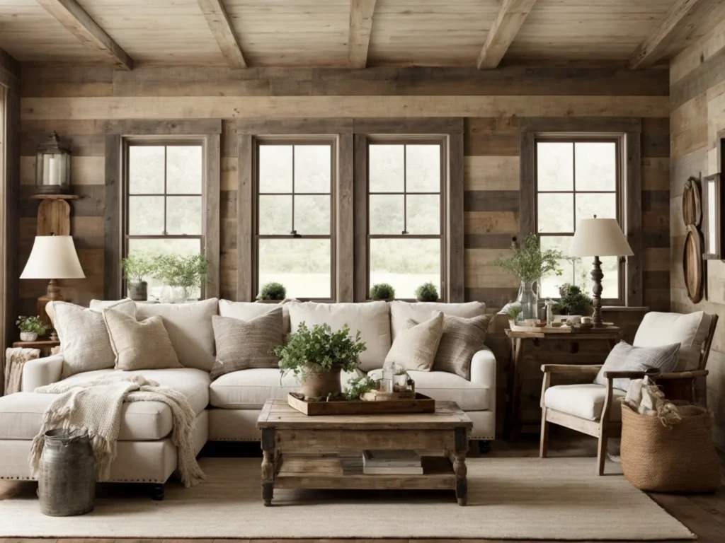 rustic farmhouse living room with Wood Plank Walls and Shiplap