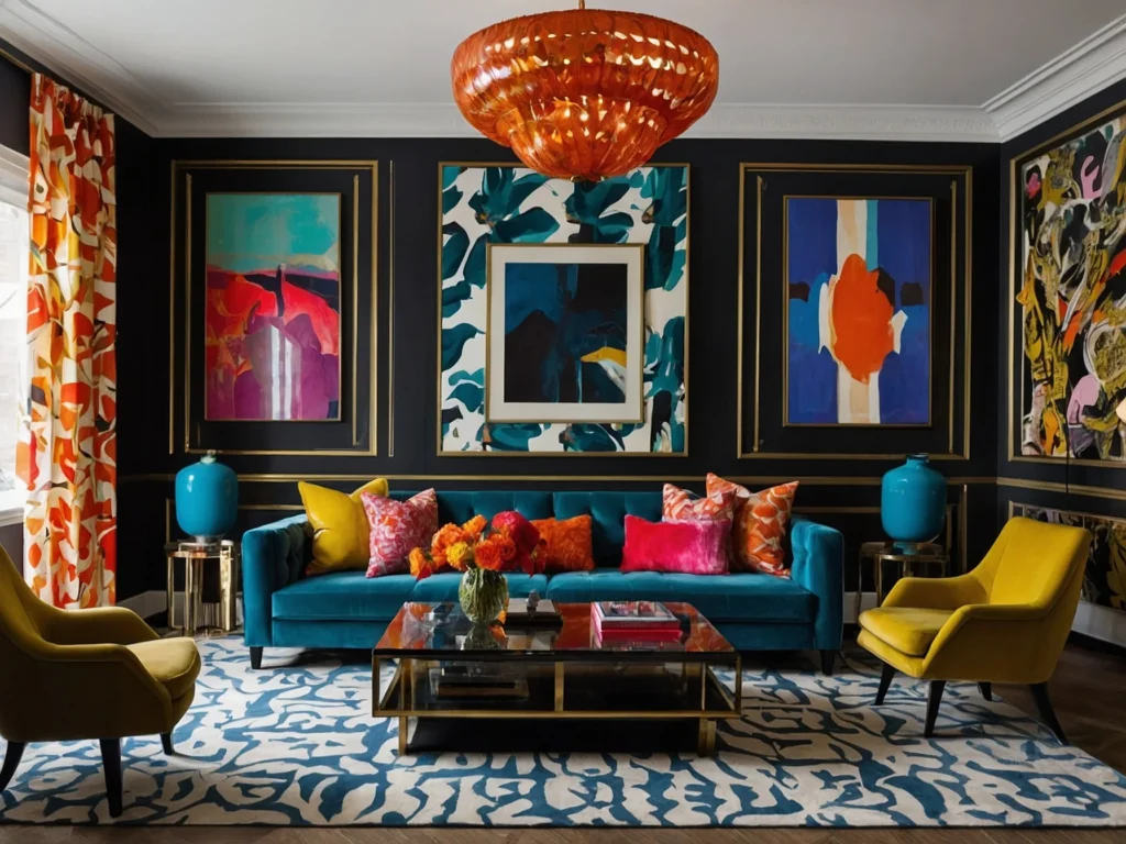 Bold Tones and Graphic Prints in Living Room Modern Decorating Ideas
